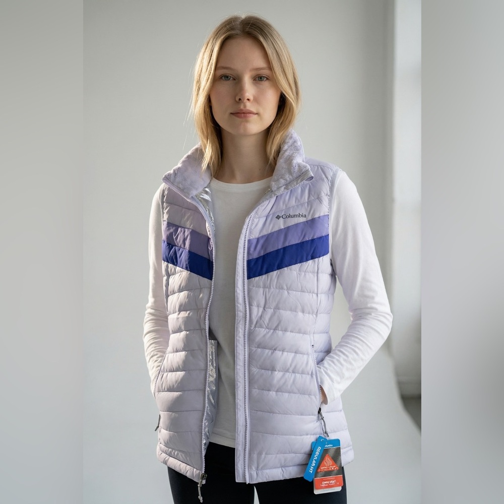 Columbia Women’s Large Omni-Heat Thermal Vest White Out Lilac Blue Zip Pockets